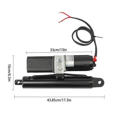 12V heavy-duty hydraulic linear actuator with mounting bracket; black body, silver clamp, red/black wires, 43.9 cm long