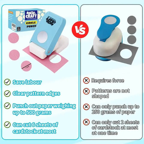 Comparison of blue upgraded One Inch Circle Punch for Paper Crafts And Scrapbooking with another punch, showing differences in ease and capacity.