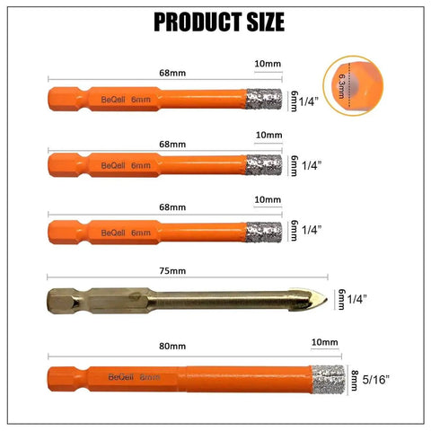 Product size diagram of Diamond Drill Bit Set For Porcelain Tile And Ceramic Stone 2 Pc 1 Quarter Inch Hex Shank Dry Diamond Bits With Quick Change Wax Coated For Cooling Works On Quartz Granite Marble And More BeQell, showing various sizes and measurements.