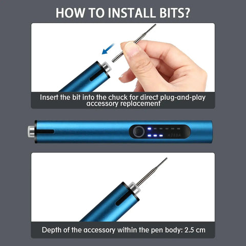 Instructions on inserting bits into the Mini Cordless Engraving Pen Kit With 30 Carving Bits 2 Drilling Bits 1 Tungsten Carbide Grinding Bit