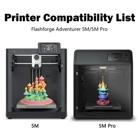 Printer compatibility list for Flashforge Adventurer 5M and 5M Pro, showcasing 3D printed models inside each printer