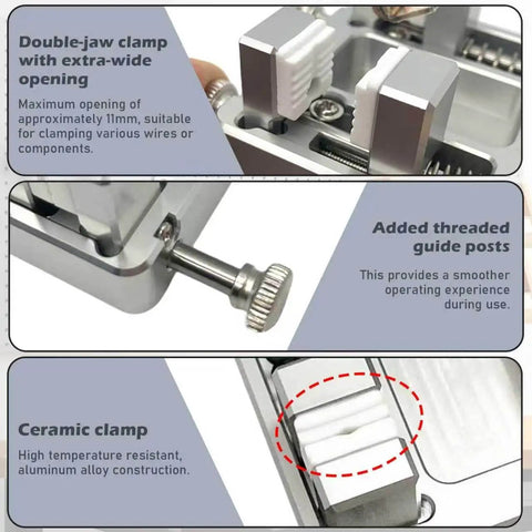 Product collage showing Aluminum Soldering Clamp For DIY Projects With An 11mm Adjustable Jaw Hands Free Soldering Fixture For PCBs Wires And Connectors, highlighting double-jaw, threaded guide, and ceramic clamp