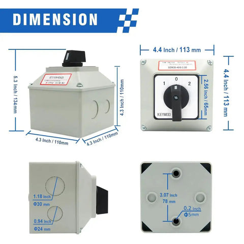 Dimensions of 40 Amp Changeover Switch with Exterior Box, 4 Positions and 3 Poles, Latching Cam Switch, IP65 Rated