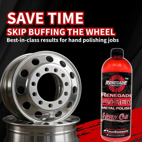 Pro Red Liquid Metal Polish Kit With One Eighth Inch Shanks For Foam Cones And Barrels Drill Attachment For Aluminum And Stainless Steel Wheels And Tight Spaces Great For A Fast Showroom Shine, shown with polished wheel.