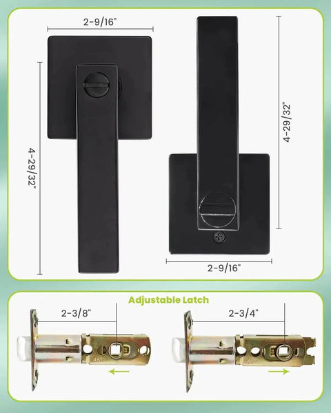 Diagram with measurements for Keyless Privacy Door Lever With Lock Set, Heavy Duty Reversible Interior Door Handle, Matte Black Finish, ANSI Certified
