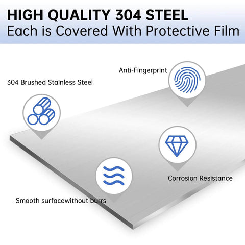 304 Brushed Stainless Steel sheet with highlighted features like anti-fingerprint, corrosion resistance, and smooth surface