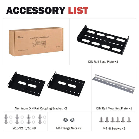 Components of 10 Inch 2U Adjustable DIN Rail Mount Bracket For DeskPi RackMate T1 T0 T2 T0 Plus T1 Plus TL1 Rack displayed in packaging