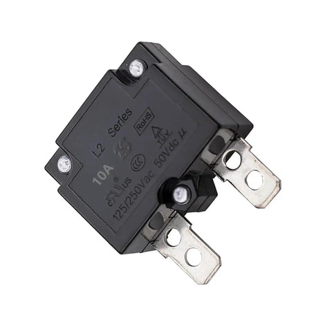 Close-up of a 2 Pack Automatic Reset Circuit Breaker 10A 125 To 250V AC, 50V DC Thermal Relay Switch for Kids Ride On Toys Cars