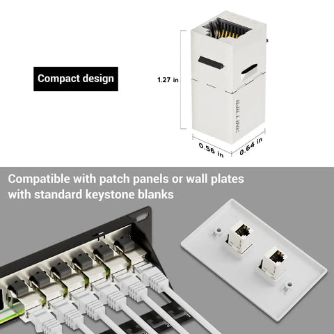 10Gbps Cat7 Shielded RJ45 Keystone Coupler Pack, installed in patch panel, showing compact design and dimensions, suitable for structured cabling