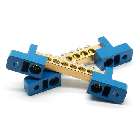 2 Pack Brass Ground Bar Terminal Block, 6 Position Wire Screw Grounding Bus Bar, 5mm holes, compact size 83mm x 21mm x 12mm.
