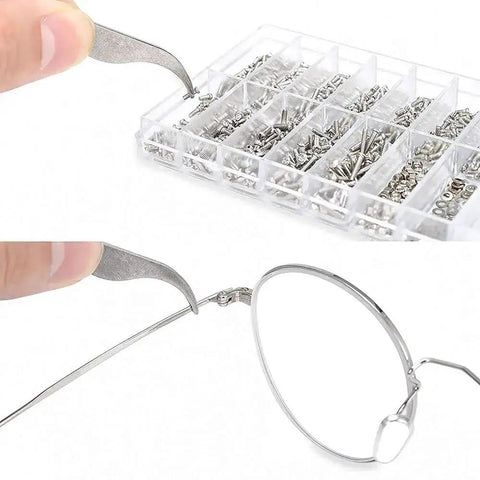 Using tweezers to repair glasses with 1000-Piece Stainless Steel Micro Screw Kit for Glasses and Sunglasses Repair, Includes Tiny Screws, Nuts, Washers, Caps, Plus 4-In-1 Precision Screwdriver and Metal Tweezers, Durable Rust-Resistant All-In-One Fix It Gear