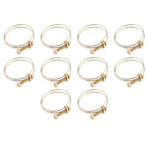 Ten Pieces Double Wire Hose Clamps Adjustable Double Wire Water Hose Barb Clamp Pipe Clip Hoop Plumbing Fastener 28 To 32 Millimeter Range Stainless Steel With Zinc Plated Finish Corrosion Resistant laying flat on white background