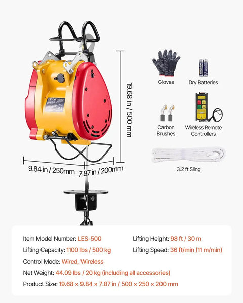 2 In 1 Electric Hoist Winch 1100 Lb Capacity 1800W 98 Ft Lift Remote Control, red and yellow with accessories, dimensions shown