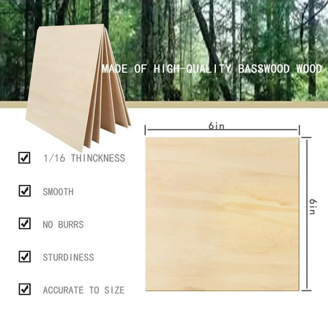 Image showing Unfinished Basswood Sheets 18 Pack 1.5 Millimeters Thick 152 By 152 Millimeters For Crafts Ideal For Hobbyists And Makers Architectural Models DIY Ornaments Laser Engraving Wood Burning And CNC Cutting, highlighting smooth texture and size.