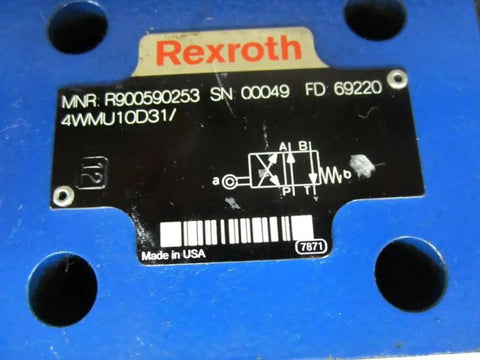 Bosch Rexroth R900590253 Hydraulic Valve 4WMU10D31 label with product specifications and diagram on blue housing