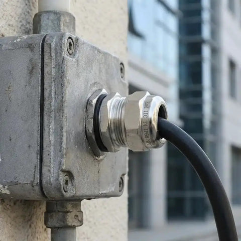 Two Pack 1/2 Inch NPT Stainless Steel Waterproof Cable Glands IP68 Rated Adjustable 6-12mm Cable Connectors installed outdoors