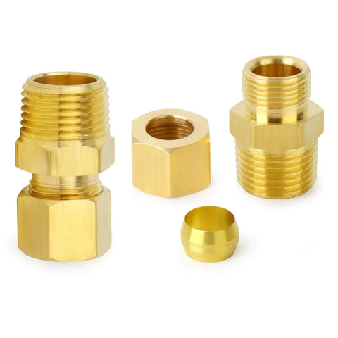 Brass Compression Tube Fitting 1/2 Inch OD x 1/2 Inch NPT Male Compression Union Connector 5 Pack on white background.