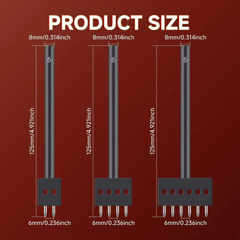 Three Piece Prong Punch Tool Set dimensions with 6mm row hole punch, 125mm length, for leather crafting and stitching.