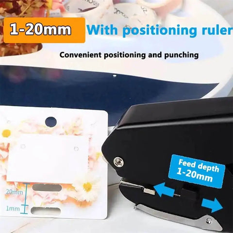 Oval Single Hole Punch 4 X 15mm Lever Action Steel Paper Puncher shown with positioning ruler for precise punching up to 10 sheets.