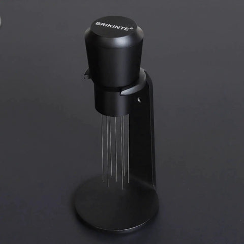 Magnetic WDT Tool For Espresso Machines With Aluminum Alloy Build, Blunt Polished Needles, And Magnetic Storage On A Stand