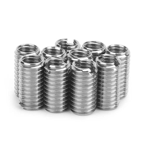 20-pack stainless steel threaded inserts for machinery repair; metal hardware, front view