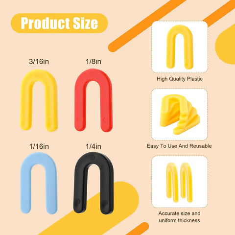 Must-Have Plastic Shims Set 200 Pcs Horseshoe Spacers U Shims For Leveling In Black 1/4 Inch Yellow 3/16 Inch Red 1/8 Inch Blue 1/16 Inch Durable PP Material, 4 Colors, 50 Pcs Each, product sizes shown in four colors.