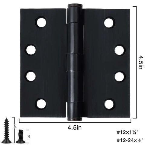 3 Pack Oil Rubbed Bronze 4.5 Inch Heavy Duty Commercial Door Hinges with screws, shown with size specifications
