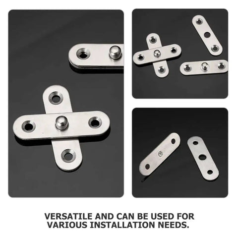 Stainless steel components from 8 Pack 360 Degree Hidden Pivot Hinges Stainless Steel Heavy Duty Cabinet Door Hardware For Kitchen And Furniture Smooth Quiet Pivot Easy Install Hidden Mounts For Modern Cabinets Sleek Upgrade shown in close-up view on black surface.
