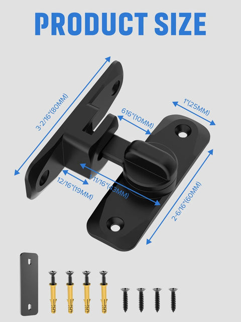 Black 90/180 Degree Flip Barn Door Lock Set for Privacy, with dimensions and included screws, ideal for barn and garden doors.