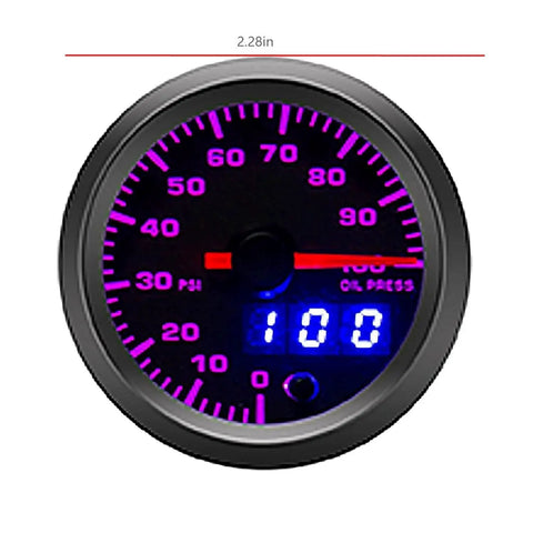 Oil Pressure Gauge Kit 52mm With 7 Color LED Digital Readouts 0 To 100 PSI, black dial with clear lens displaying 100 PSI.