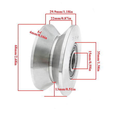 3 Inch V Groove Gate Wheel Stainless Steel Roller With Double Bearings, 304 Stainless V Track Wheel with dimensions shown.