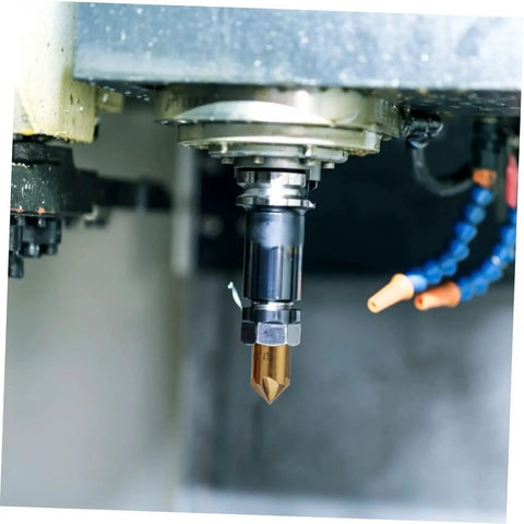 Pro Grade 3 Piece Flute Chamfering Cutter Set With Hex Shank mounted on a milling machine for precise chamfers and taps