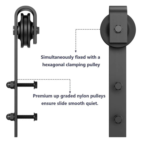 Side view of Sliding Barn Door Hanger Rollers Set Of Two For All Barn Door Hardware Kits, J-Shape Hangers, black steel, easy install.