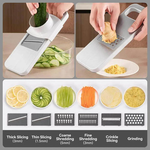 Versatile Mandoline Slicer KEOUKE With Six Interchangeable Blades Magnetic Back And Safe Hand Guard In Use For Veggie Prep