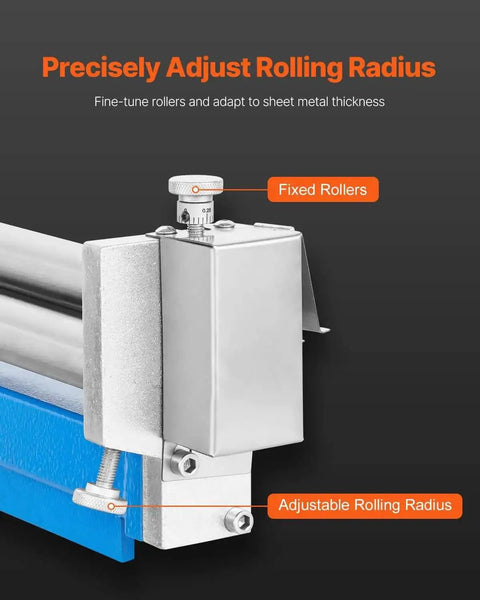 Close-up of Beefy Slip Roll Metal Forming Machine 12.6 Inch, showing detachable rollers and adjustable rolling radius for sheet metal.