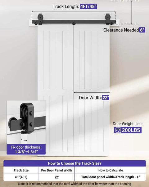Durable 48 Inch Bifold Barn Door Hardware Kit For 44 Inch Closet Doors Easy Install And Quiet Operation Bi Fold Track System With J Shape Top Mount Rollers Black Powder Coated Steel For Smooth Reliable Sliding And Modern Look, featuring a 48-inch track and 200 lb capacity.
