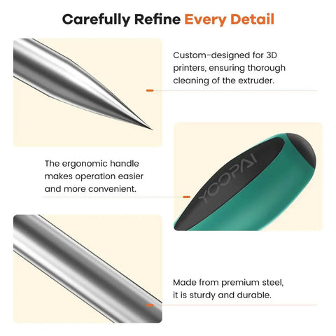 Close-up of Pro Grade 3D Printer Nozzle Cleaning Kit with soft rubber handle and 0.4mm cleaning needles.