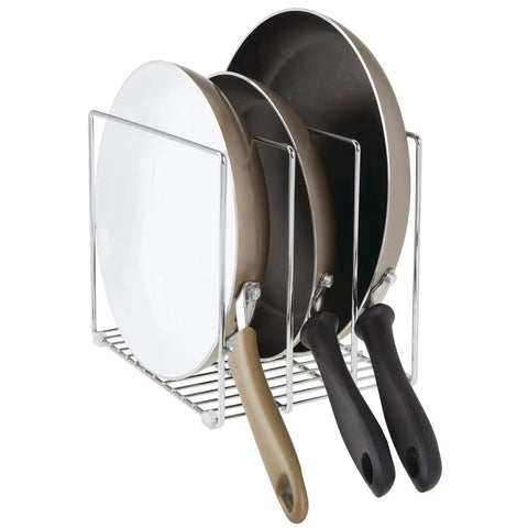 3 Slot Tray And Pan Rack For Kitchen Organization, metal wire pantry storage holding various frying pans, silver finish, space saving