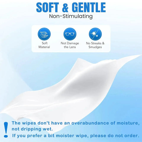 Soft and gentle pre-moistened lens wipe features and benefits for eyeglasses and goggles cleaning