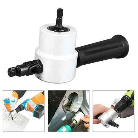 Dual Head Sheet Metal Cutter Nibbler Drill Attachment for burr-free cuts, shown detached from an 8mm electric or pneumatic drill
