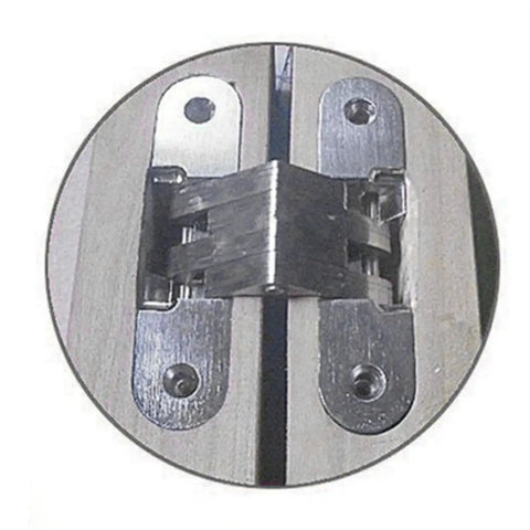 Close-up of 2-Piece Go-To Hidden Cross Hinge Set For Cabinets And Folding Doors, Stainless Steel Invisible Concealed Hinge With 180 Degree Swing, installed view.