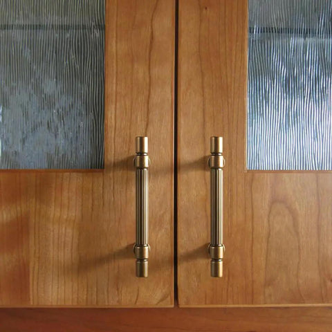 Vintage Retro Antique Brass Zinc Alloy Cabinet Handles 6 Pack With 5 Inch Center To Center Mounting Holes installed on wood cabinet