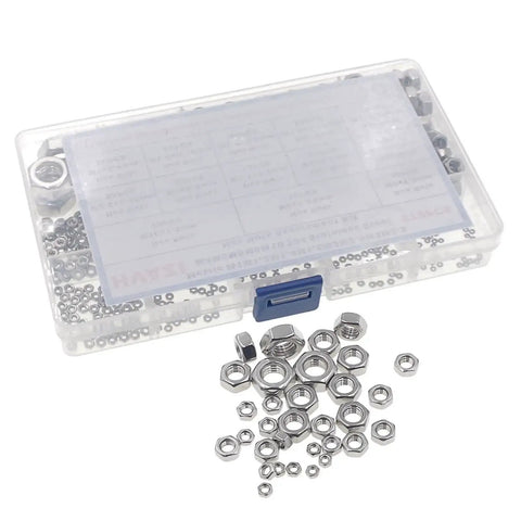 570 Piece Metric Hex Nut Set M1 To M10 Assortment Kit with coarse thread in clear compartment case, 304 stainless steel hardware