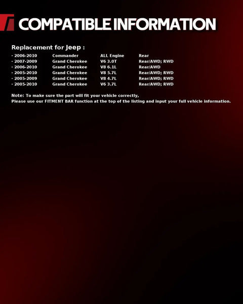 Compatibility chart for 2005-2010 Jeep Grand Cherokee and 2006-2010 Commander.