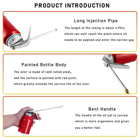 Image displaying a Two Pack Oil Pump Oiler 200ml Metal Spray Can with 4.92-inch spout, showing nozzle detail, handle, and red painted body.