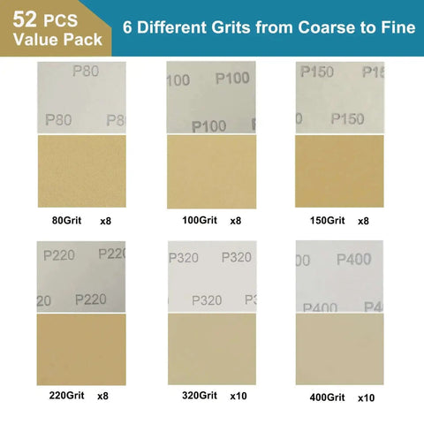 Workhorse 52 Sheet Aluminum Oxide Sandpaper Variety Pack Quarter Sheet Sandpaper For Wood And Metal Wet Dry Sanding Includes 80 100 150 220 320 400 Grits 4.5 By 5.5 Inch showing different sandpaper grits
