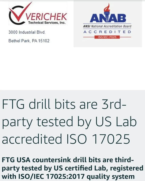 Image showing certifications from Verichek and ANAB, with text stating FTG drill bits are third-party tested by US lab ISO 17025.
