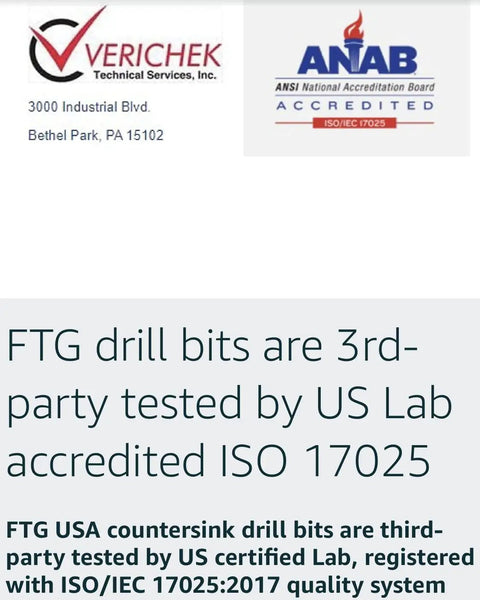 Certification logos and statement about FTG USA countersink drill bits tested by US lab with ISO 17025 accreditation.