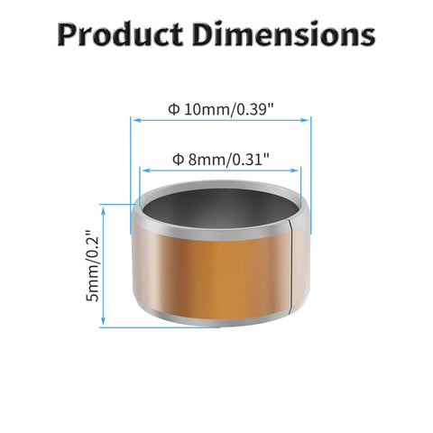 Bronze sleeve bearing with 10mm outer diameter, 8mm bore, and 5mm length; self-lubricating oilless bushing.