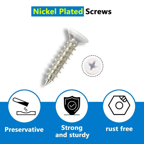 Close-up of nickel-plated screw showing durability features for 40 Small White L Brackets With 80 White Screws Set For Wood Projects